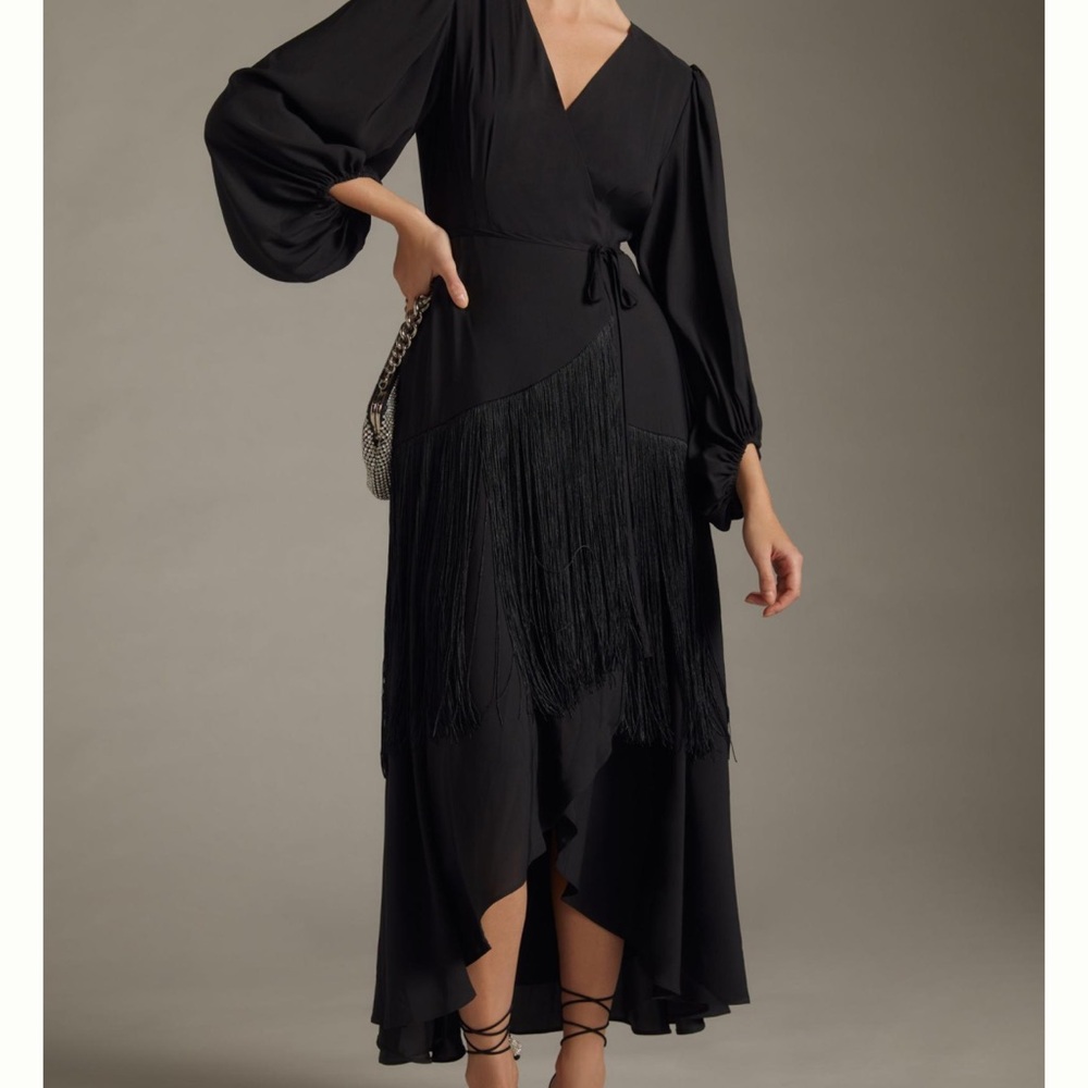 Hutch Black High-Low Fringe Wrap Dress
